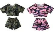 Girl Camo Army Military Camouflage short Sleeves T shirt Tee Crop Tops Shorts