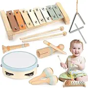 Kids Wooden Musical Instruments Toys, 6 in 1 Toddlers Music Enlightenment Percussion Toys Xylophone Drum Tambourine Sensory Toys for Baby Boy Girl Gift