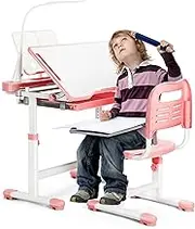 Rengue Kids Desk and Chair Set Height Adjustable School Study Desk and Chair with 55° Tiltable Desktop, 3 Modes&3 Brightness LED Lamps, Storage Drawer and Metal Hook for Boys Girls, Pink