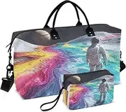 [ZRYSMY] Astronaut Colorful Moon Duffel Bag for Traveling, Travel Bag Gym Bag, with Multiple Interior Pockets Shoulder Weekender Bag for Women Men with Toiletry Bag 20.5L x 1.9W x 13.8H, Multi-Colored