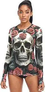 [RPLIFE] Skull Roses UPF Women Swimsuit Long Sleeve Running Top, Summer Modest Clothing