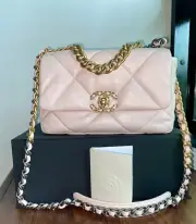 CHANEL 19 Pink Lambskin LEATHER CLASSIC FLAP Small BAG Handbag Purse Gold Silver