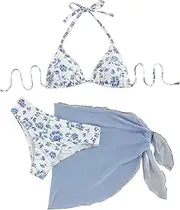 [COOLOYA] Women's Floral Print 3 Piece Triangle Bikini Sets Tie Side Halter Padded Bathing Suits with Mesh Cover Up Skirts, Light Blue, Medium