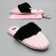Victoria's Secret Ladies 9-10 L Pink Stripe Faux-Fur Satin House Shoes Slippers