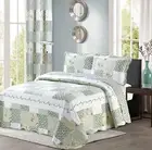 New Reversible 3Pc Floral Printed Patchwork Blue/Green Bedspread/Quilt Set Match
