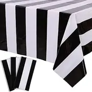 Kesfey 3 Packs Black and White Horizontal Striped Table Cloth 54 x 108 Inch Classic Black Stripe Tablecloths Disposable Plastic Stripe Table Covers Waterproof Picnic Tablecover for Camping Party