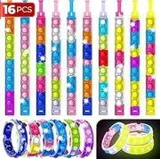 16 PCS Fidget Bracelets Pop it Toy, Glow in The Dark, Rainbow Party Favors, Anti-Anxiety Stress Relief Wristband Set, Push Bubbles Sensory Autistic Pack Kids Ages 5 8 12 Adult Student Gift