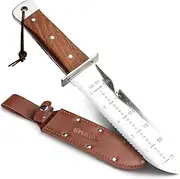 SHALL Hori Hori Garden Knife, Gardening Knife with Leather Sheath, Rosewood Handle & Hide Rope, 7” Stainless Steel Blade, Rope Cutting Edge, for Digging, Weeding, Planting, Full-Tang