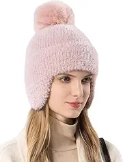 [KEOYA] Womens Winter Pompom Beanie Hat with Ear Flaps Warm Fleece Lined Knitted Snow Cap Soft Thick Windproof Hats