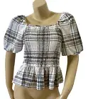 FLOWER & FEATHER Womens Size Medium Plaid Puff Sleeve Smocked Crop Top Shirt NWT