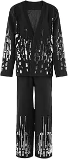 [Generic] Women's Plus Size Sequin Patchwork Embroidered Suit Wide Leg Pants Two-Piece Set V-Neck Casual Loose Long Sleeved Set