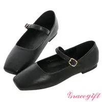 在飛比找momo購物網優惠-【Grace Gift】微方頭素面平底瑪莉珍鞋(黑)