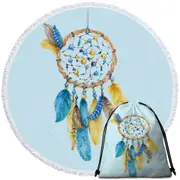 Blue and Yellow Feathers Dream Catcher Round Beach Towel