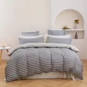 Dreamaker Miller Stripe 100% Cotton Reversible Quilt Cover Set Queen Bed Grey