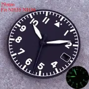 29mm Black Watch Dial Hand Date Window Green Lume Fit NH35 NH36 Pilot Dive Watch