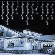 Qunlight LED Icicle Lights, 300 LEDs, 33ft, 8 Modes, Curtain Fairy Light with 60 Drops, Clear Wire LED String for Christmas/Thanksgiving/Easter/Halloween/Party Backdrops Decorations (Cool White)