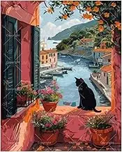 TAOPAOLAB Seaside View Paint by Numbers Kit for Adults - DIY Black Cat by Coastal Window Painting on Canvas 16x20 Inches, Acrylic Paint Set, Suitable for Beginners, Art for Home Decoration or Gifts