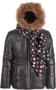 S. Rothschild Girls Black Puffer Jacket With Scarf and Faux Fur Trim, Size L 14