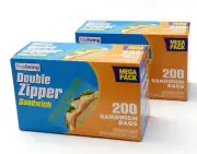 2 PACK 200 CT Clear Double Zipper Sandwich Bags Plastic Baggies 400 CT Mega Pack
