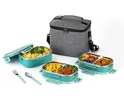 Lille Home 3-Tier Stainless Steel Bento Lunch Box, 82oz Leakproof Lunch Container with 5 Compartments for Adults & Kids, Stackable Tiffin Lunchbox with Lunch Bag, Fork and Spoon (Green)