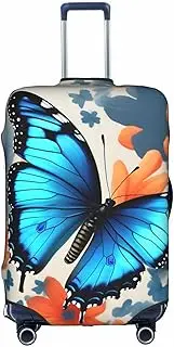 [Pvinnk] Blue Butterfly Print Protective Luggage Cover Elastic Washable Suitcase Protector Travel Gear Protector, White, Small