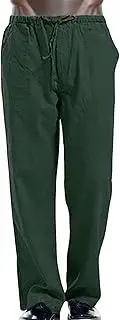 [Generic] Mens Cotton Linen Pants Loose Fit Drastring Casual Pants Elastic Waist Beach Yoga Pants Lightweight Jogger Trousers