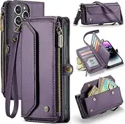 ELEPIK for iPhone 12 Pro Case, Adjustable Crossbody Wallet Case with Card Holder, Kickstand, [RFID Blocking] [Crossbody & Wrist Strap] Durable PU Leather Magnetic Phone Case, Purple