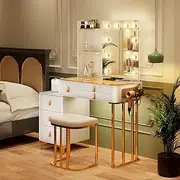 Dystler Dressing Table with Mirror and Lights - Makeup Vanity Table with Drawers & 2 Shelves-Vanity Set for Bedroom, Vanity Desk Set with 10 Light Bulbs/Charging Station, White