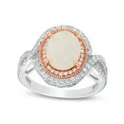 Oval Lab-Created Opal and White Topaz Antique Vintage-Style Twist Shank Ring in Sterling Silver and Solid 18K Rose Gold Plate