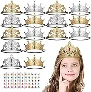 JECOMPRIS 16 Pcs Diy Princess Crown Kit Elastic Headband Decorative Stickers Girls Birthday Party Favors Party Crowns with Decorations