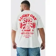 Mens White Plus Lucky Cat Graphic T-Shirt