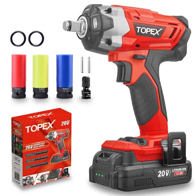 TOPEX 2 in 1 20V Cordless Impact Wrench Driver 1/2" w/ Sockets Battery & Charger