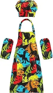 AIXIWAWA Kids Apron Chef Hat Set, Child Kitchen Bib Aprons Adjustable for Cooking Baking Painting (Dark Dinosaur)