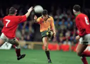 Paul Kahl of Australia kicks the ball during the Rugby Union I- Old Rugby Photo