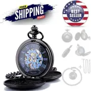 Mechanical Skeleton Pocket Watch Roman Numerals Dial Men Women Gift