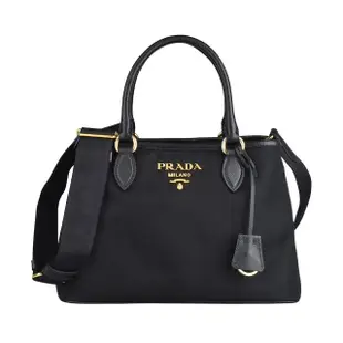 【PRADA 普拉達】PRADA立體LOGO尼龍搭防刮牛皮飾邊釦式手提斜背托特包(中/黑)