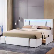 Levede Queen Bed Frame Led RGB Double Storage Drawers Soft Headboard USB Charge