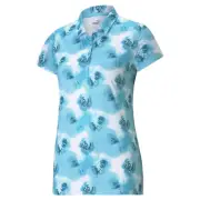 New Puma Golf Ladies Cloudspun Watercolor Floral Polo Scuba Blue-Ocean Depths XS