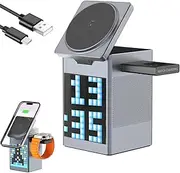 3-in-1 Wireless Charging Station with Bluetooth Speaker and Digital Alarm Clock & Dynamic Pixel Display, Magnetic Charging Station for Fast Charging of Phones, Watch, and Headphones
