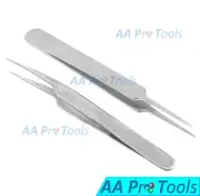 2 PCs Eyelash Extension Tweezers Pro Straight & A type Str Stainless Steel Set