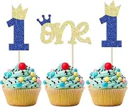 Title: Sparkling 24Pcs 1st Birthday Cupcake Toppers - Glitter Crown One Cake Decorations - Perfect for Baby Showers and First Birthday Celebrations - Blue Gold