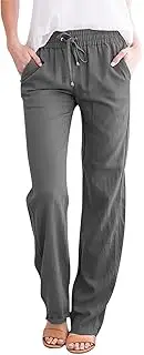 [Generic] Linen Pants for Women Summer Elastic High Waist Straight Leg Casual Pants Loose Comfy Beach Trousers Pockets 2025, F- Dark Gray, Small