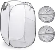 Rustark 2Pcs Gray Mesh Pop Up Laundry Hampers Foldable Lightweight Laundry Baskets with Durable Handles Collapsible Dirty Clothes Laundry Bin for Bedroom Dormitory Travel Storage