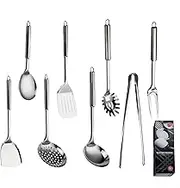 HOLADAWN Stainless Steel Kitchen Cooking Utensil Set - 8 Pcs Premium Serving Utensils with Spatula, Turner, Ladle, Spoon, Tongs & More