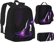 [ERCgad] Elegant Purple High Heels Print Canvas 3-In-1 School Bags Set Backpack Lunch Bag Pencil Case Combo For Men Women, Black, One Size