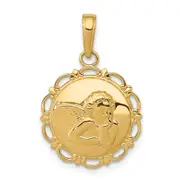 14k Yellow Gold Polished Angel On Round Scallop Frame Pendant