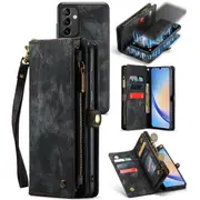 CaseMe For Samsung Galaxy A34 5G Zipper & Detachable Retro Leather Pouch Wallet Flip Purse Bag Detachable Phone Case Cover (Black)