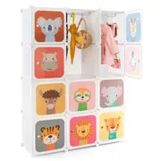 Babyjoy Portable Kids Wardrobe 12-Cube Baby Closet w/Hanging Section Cute Carton Dresser Storage Organizer White