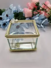 GOLD ROPE TRIM SQUARE 8CM METAL GLASS BEE MOTIF JEWELLERY TRINKET BOX