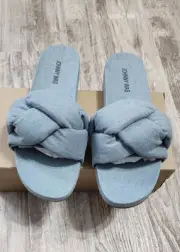 Johnny Was OJAI Slip On Slides Sandals Blue Denim Women Size 9 Boho Chic Coastal
